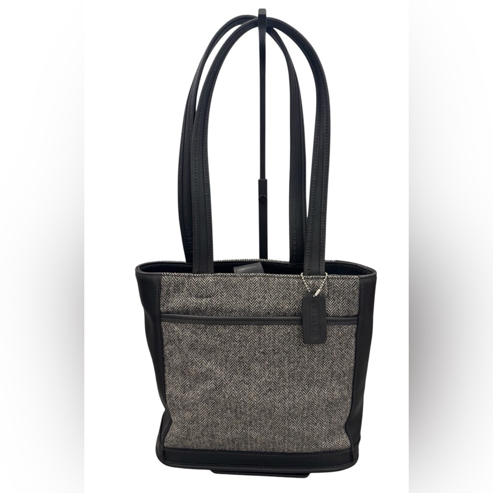 Coach Vintage Y2K 1999 Bleeker Black Leather Gray Tweed Wool Tote Shoulder Bag